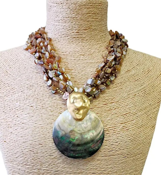 Neutral beige chip abalone pearl seashell pendant necklace featuring a handmade coastal boho design perfect for summer. This beach jewelry piece combines natural abalone chips, pearls, and seashell elements to evoke ocean-inspired elegance. Lightweight and versatile, it complements bohemian style with subtle earthy tones. An ideal gift for her, this necklace captures the serene beauty of the seaside and adds a chic touch to any outfit