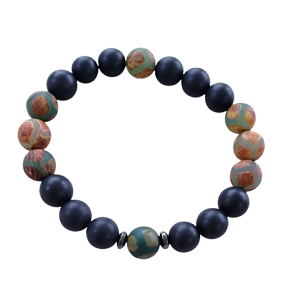 Handmade Tibetan-style black onyx and agate bracelet featuring healing gemstones known for their protective and grounding properties. This men’s lucky charm jewelry piece blends traditional craftsmanship with modern style, making it an ideal gift for him. Perfect for everyday wear or special occasions, the bracelet offers both spiritual benefits and a bold, masculine accessory that complements any outfit with its sleek black design.