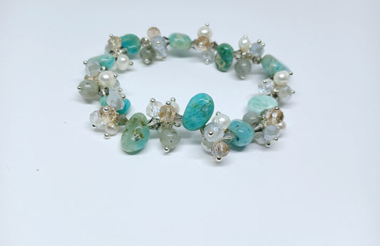 Aqua Cultured Pearl Stretch Bracelet featuring turquoise and amazonite beads in a beautifully handcrafted healing crystal jewelry design. This vibrant bracelet combines soothing blue and green tones with the lustrous glow of cultured pearls, making it an ideal gift for girls and women who appreciate handmade, spiritual accessories. Lightweight and stretchy for comfortable everyday wear, it promotes balance, calm, and positive energy while adding a stylish, boho touch to any outfit.