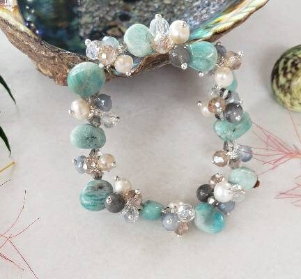 Aqua Cultured Pearl Stretch Bracelet featuring turquoise and amazonite beads in a beautifully handcrafted healing crystal jewelry design. This vibrant bracelet combines soothing blue and green tones with the lustrous glow of cultured pearls, making it an ideal gift for girls and women who appreciate handmade, spiritual accessories. Lightweight and stretchy for comfortable everyday wear, it promotes balance, calm, and positive energy while adding a stylish, boho touch to any outfit.