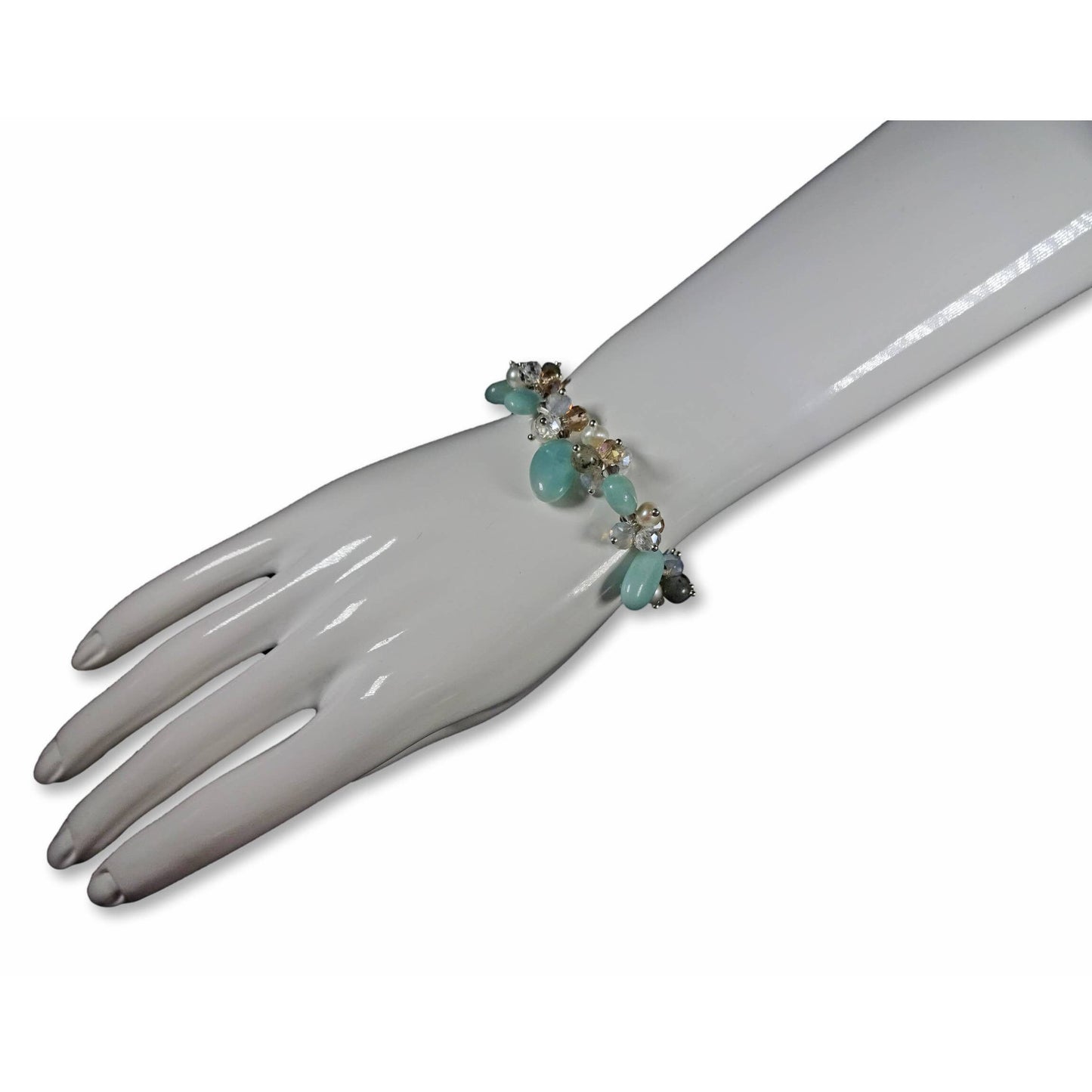 Aqua Cultured Pearl Stretch Bracelet featuring turquoise and amazonite beads in a beautifully handcrafted healing crystal jewelry design. This vibrant bracelet combines soothing blue and green tones with the lustrous glow of cultured pearls, making it an ideal gift for girls and women who appreciate handmade, spiritual accessories. Lightweight and stretchy for comfortable everyday wear, it promotes balance, calm, and positive energy while adding a stylish, boho touch to any outfit.