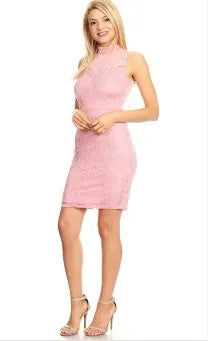 Pink crochet lace dress for women featuring an elegant sleeveless design with a mesh back and mock neckline. This formal summer party dress combines delicate crochet detailing with breathable mesh fabric, offering a sophisticated and stylish look. Perfect for weddings, special occasions, or evening events, the dress provides a flattering silhouette while keeping you comfortable in warm weather. A chic choice for elegant summer outings.