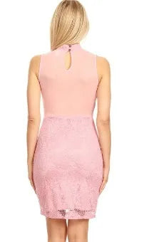 Pink crochet lace dress for women featuring an elegant sleeveless design with a mesh back and mock neckline. This formal summer party dress combines delicate crochet detailing with breathable mesh fabric, offering a sophisticated and stylish look. Perfect for weddings, special occasions, or evening events, the dress provides a flattering silhouette while keeping you comfortable in warm weather. A chic choice for elegant summer outings.