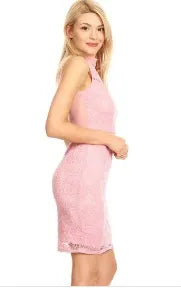 Pink crochet lace dress for women featuring an elegant sleeveless design with a mesh back and mock neckline. This formal summer party dress combines delicate crochet detailing with breathable mesh fabric, offering a sophisticated and stylish look. Perfect for weddings, special occasions, or evening events, the dress provides a flattering silhouette while keeping you comfortable in warm weather. A chic choice for elegant summer outings.