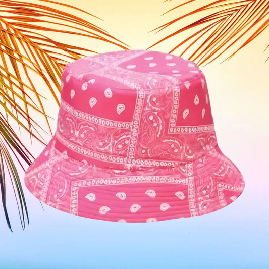 Pink paisley print bandana bucket hat designed for lightweight comfort and sun protection. This trendy unisex hat is perfect for spring and summer wear, offering a stylish look for beach days, travel, festivals, or casual outings. With its eye-catching paisley design and breathable fabric, this bucket hat combines fashion and function. Stay cool, shaded, and on-trend with this versatile warm-weather accessory.