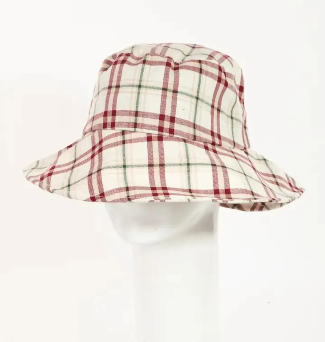 Red checkered plaid print summer bucket hat for women and men, featuring a lightweight design and wide brim for optimal sun protection. Perfect for outdoor activities like beach trips, hiking, and travel, this stylish bucket hat offers excellent UV protection while keeping you cool and comfortable during warm weather. A versatile accessory combining fashion and function for all your summer adventures.