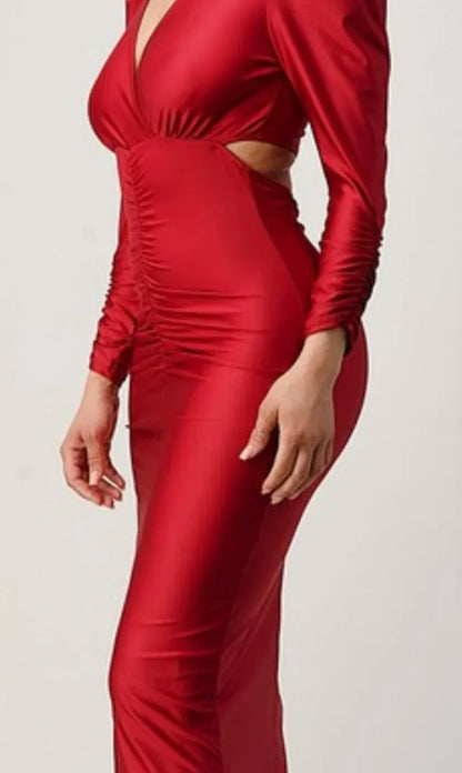 Puff Sleeve Ruched V Neck Dress is a long, elegant formal dress designed for women, perfect for weddings, prom, parties, and evening events. Featuring sexy cutout details, flattering ruching, and stylish puff sleeves, this dress combines sophistication with modern flair. Ideal for special occasions, it offers a graceful silhouette that enhances confidence and timeless elegance in any formal setting.