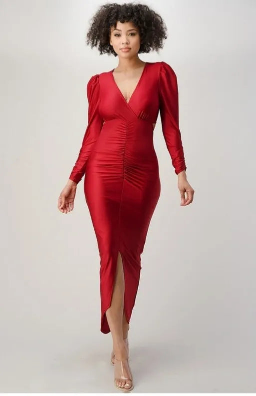 Puff Sleeve Ruched V Neck Dress is a long, elegant formal dress designed for women, perfect for weddings, prom, parties, and evening events. Featuring sexy cutout details, flattering ruching, and stylish puff sleeves, this dress combines sophistication with modern flair. Ideal for special occasions, it offers a graceful silhouette that enhances confidence and timeless elegance in any formal setting.