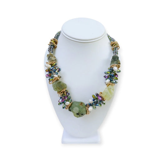 Prehnite chunky necklace for women featuring natural crystal stones in a handmade short statement design. This unique jewelry piece combines fashion and healing properties, showcasing the soft green hues of prehnite believed to promote emotional balance and protection. Perfect as a meaningful gift, this crystal statement necklace adds a stylish, earthy touch to women’s fashion while supporting spiritual wellness.