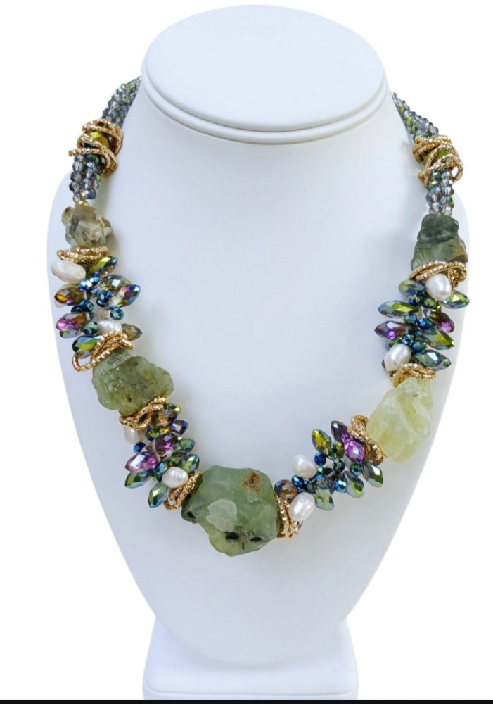 Prehnite chunky necklace for women featuring natural crystal stones in a handmade short statement design. This unique jewelry piece combines fashion and healing properties, showcasing the soft green hues of prehnite believed to promote emotional balance and protection. Perfect as a meaningful gift, this crystal statement necklace adds a stylish, earthy touch to women’s fashion while supporting spiritual wellness.