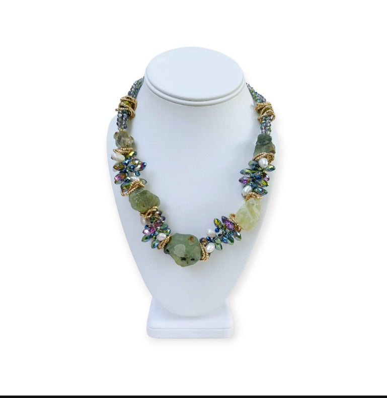Prehnite chunky necklace for women featuring natural crystal stones in a handmade short statement design. This unique jewelry piece combines fashion and healing properties, showcasing the soft green hues of prehnite believed to promote emotional balance and protection. Perfect as a meaningful gift, this crystal statement necklace adds a stylish, earthy touch to women’s fashion while supporting spiritual wellness.