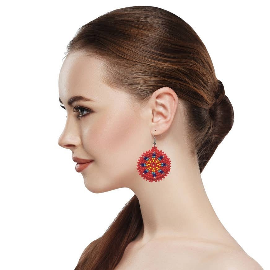 Red Handmade Beaded Earrings for women featuring vibrant native-style beadwork with multicolor accents in a bold boho medallion design. These statement festival earrings showcase intricate craftsmanship and colorful patterns, perfect for adding a pop of color to any outfit. Ideal gift for women who appreciate unique, artisanal jewelry with cultural significance. Lightweight and striking, these earrings elevate both casual and festive looks with artistic flair.