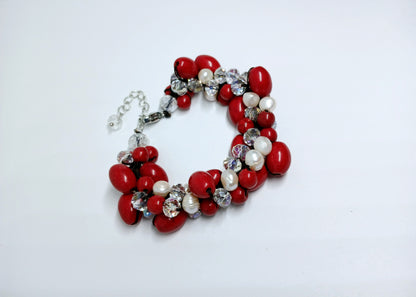 Magnesite Pearl Crystal Red Bracelet handcrafted with vibrant red crystals, white pearls, and magnesite stones for a bold, elegant look. This statement bracelet is perfect for girls and women, ideal as bridal jewelry or a thoughtful bridesmaid gift. The handmade design adds a touch of glamour to weddings, parties, or special occasions. A beautiful and meaningful accessory that makes a memorable gift for women who love colorful, unique jewelry.
