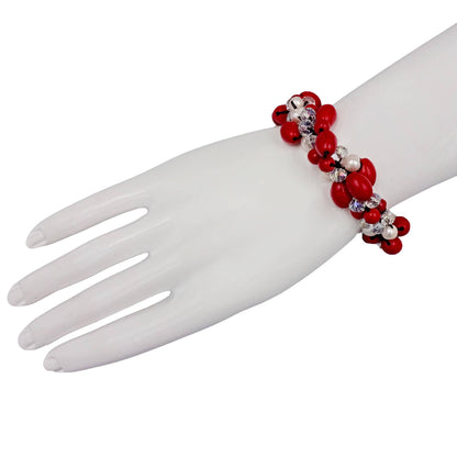 Magnesite Pearl Crystal Red Bracelet handcrafted with vibrant red crystals, white pearls, and magnesite stones for a bold, elegant look. This statement bracelet is perfect for girls and women, ideal as bridal jewelry or a thoughtful bridesmaid gift. The handmade design adds a touch of glamour to weddings, parties, or special occasions. A beautiful and meaningful accessory that makes a memorable gift for women who love colorful, unique jewelry.