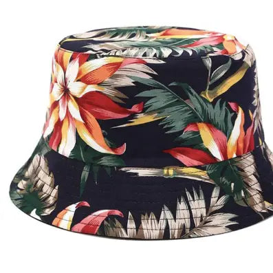Floral Hunter Bucket Hat featuring a reversible boho design with black and vibrant leaves print, handcrafted as a stylish summer fisherman hat for women. Perfect for beach outings and sunny days, this lightweight sun hat combines fashion and functionality. Its versatile reversible feature offers two looks in one, making it an ideal accessory for tropical vacations, casual wear, or outdoor festivals, providing both sun protection and a trendy statement.
