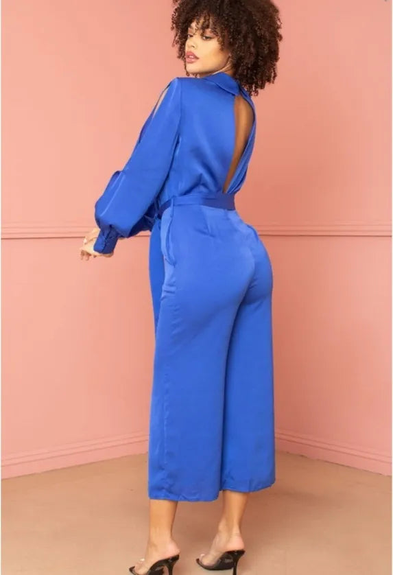SATIN COLLARD BLUE LOOSE FITTING JUMPSUIT