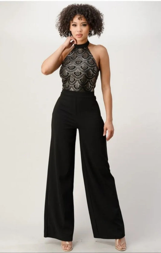 CREPE SEQUIN COMBO JUMPSUIT