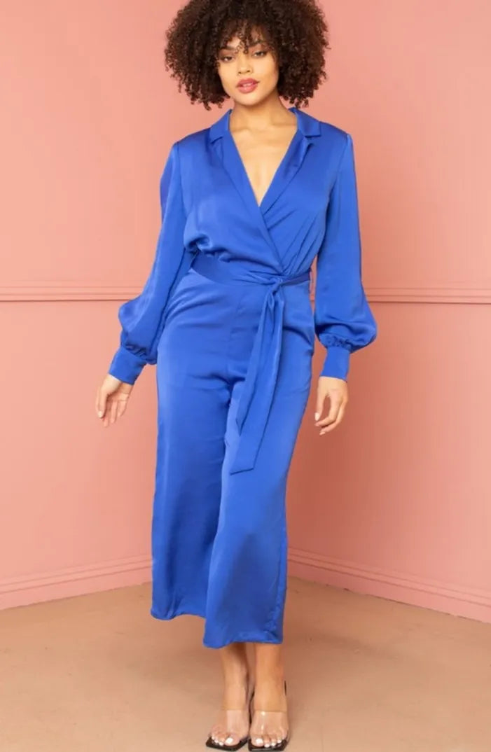 SATIN COLLARD BLUE LOOSE FITTING JUMPSUIT