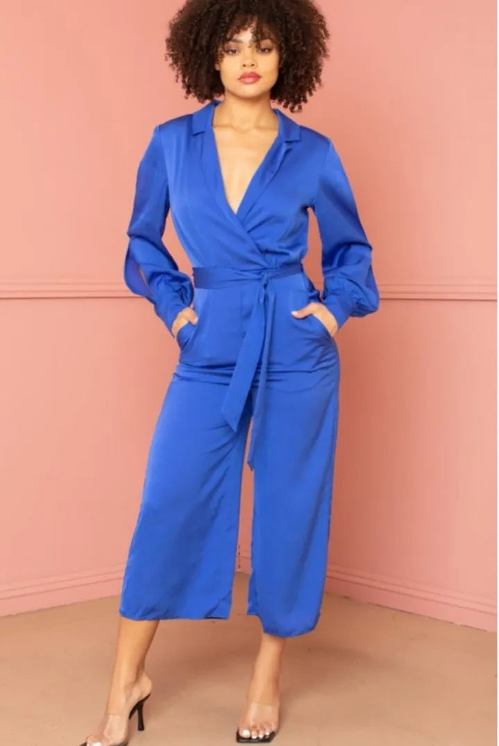 SATIN COLLARD BLUE LOOSE FITTING JUMPSUIT