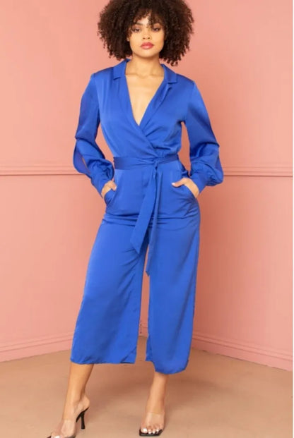 SATIN COLLARD BLUE LOOSE FITTING JUMPSUIT