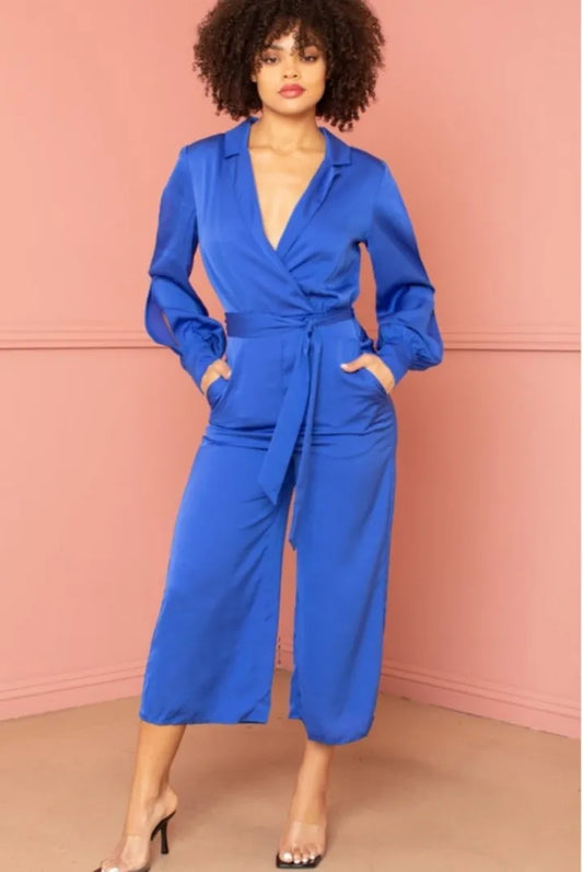 SATIN COLLARD BLUE LOOSE FITTING JUMPSUIT