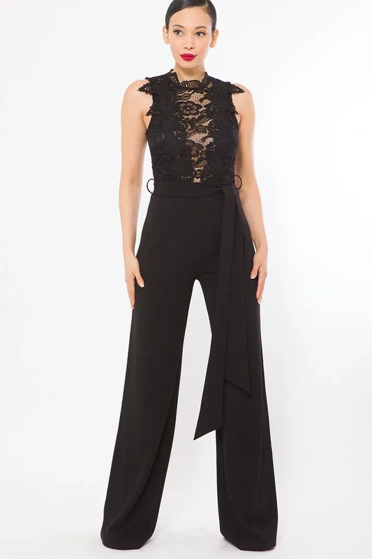 Black Crochet Detail Lace Top Jumpsuit