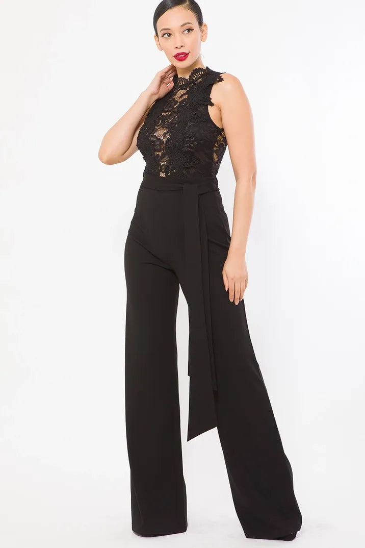 Black Crochet Detail Lace Top Jumpsuit