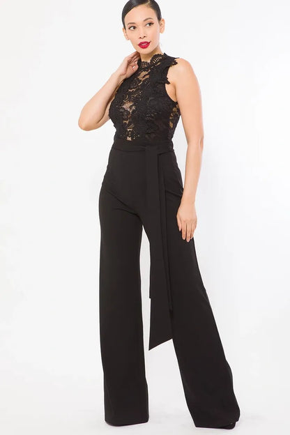 Black Crochet Detail Lace Top Jumpsuit