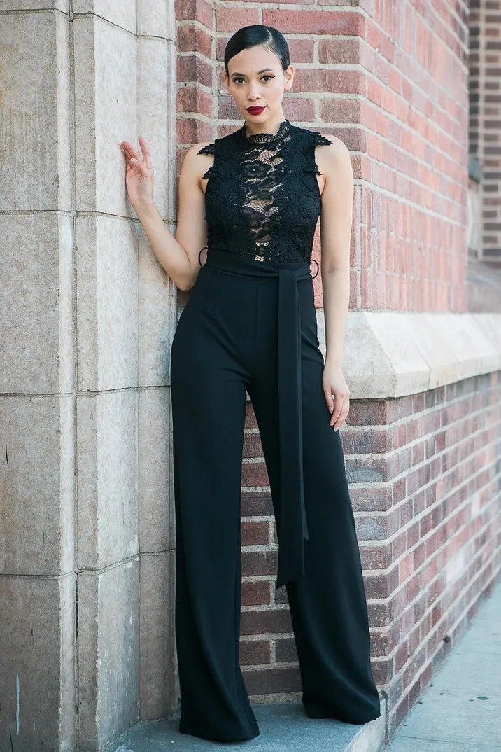 Black Crochet Detail Lace Top Jumpsuit