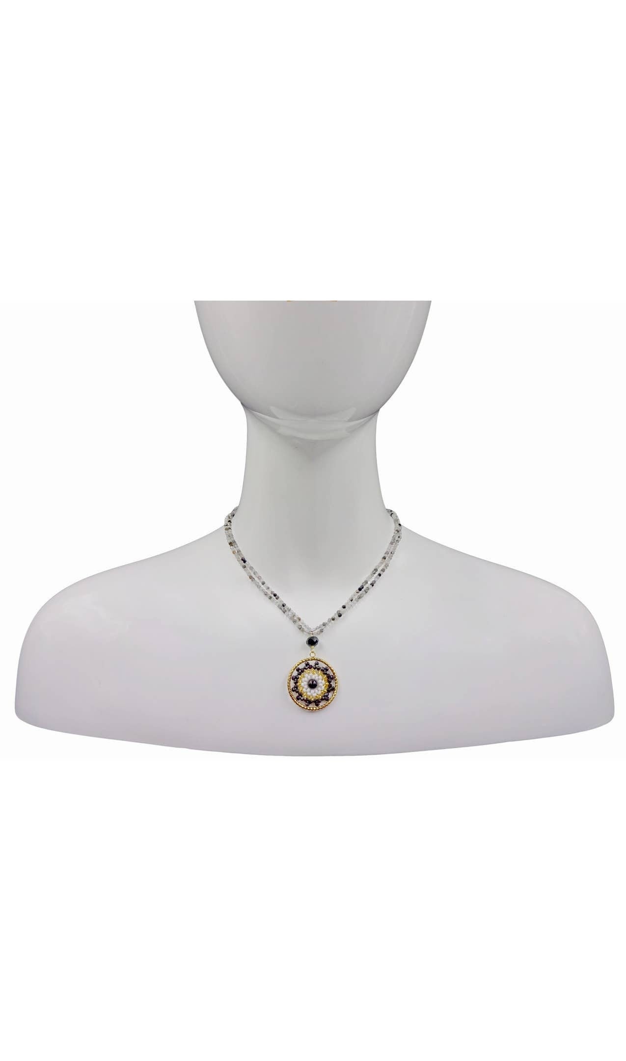 Quartz Medallion Pendant Necklace for women featuring a delicate handmade design with a sparkling crystal centerpiece and intricate beaded detailing. This boho-style statement jewelry piece combines elegance and artisanal craftsmanship, perfect for layering or wearing alone. Ideal gift for her on birthdays, holidays, or special occasions. Adds a touch of natural beauty and sophistication to casual or formal outfits with a timeless handmade charm.