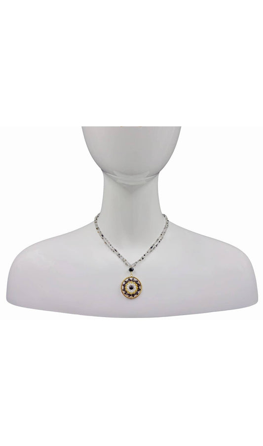 Quartz Medallion Pendant Necklace for women featuring a delicate handmade design with a sparkling crystal centerpiece and intricate beaded detailing. This boho-style statement jewelry piece combines elegance and artisanal craftsmanship, perfect for layering or wearing alone. Ideal gift for her on birthdays, holidays, or special occasions. Adds a touch of natural beauty and sophistication to casual or formal outfits with a timeless handmade charm.