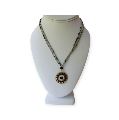 Quartz Medallion Pendant Necklace for women featuring a delicate handmade design with a sparkling crystal centerpiece and intricate beaded detailing. This boho-style statement jewelry piece combines elegance and artisanal craftsmanship, perfect for layering or wearing alone. Ideal gift for her on birthdays, holidays, or special occasions. Adds a touch of natural beauty and sophistication to casual or formal outfits with a timeless handmade charm.