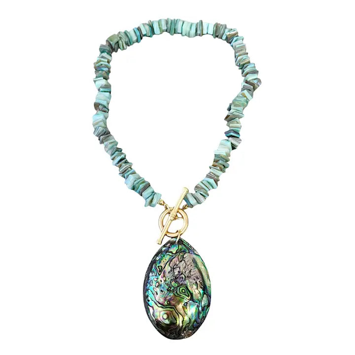 Sage green necklace featuring turquoise chips and a stunning abalone peacock seashell pendant, perfect for boho ocean-inspired style. This coastal beach vibes jewelry piece blends natural tones with iridescent shimmer, ideal for sea lovers and nature enthusiasts. A thoughtful gift for her, it adds earthy elegance to summer outfits, festivals, or casual wear. Handmade charm meets mermaid magic in this coastal chic accessory