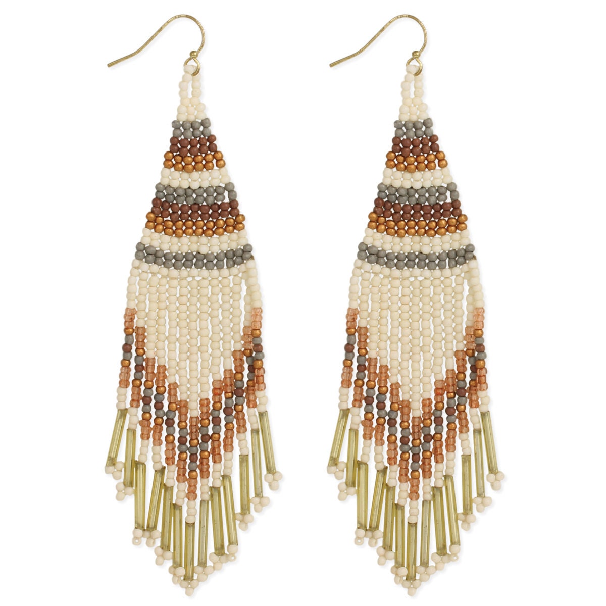 Boho Fringe Earrings featuring neutral tone woven beads in a bold Southwestern-inspired design. These large statement earrings showcase multicolor patterns with intricate handmade craftsmanship, perfect for women who love artistic and earthy jewelry. Lightweight yet impactful, they add a stylish boho flair to any outfit. Ideal for festivals, casual wear, or special occasions, these earrings make a unique gift and reflect free-spirited charm with cultural and creative expression.