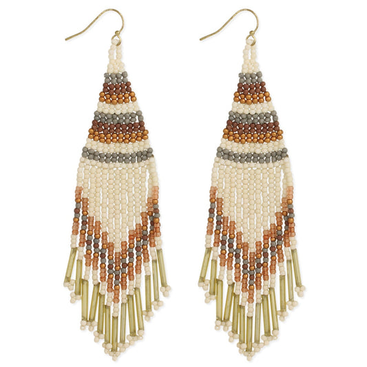 Boho Fringe Earrings featuring neutral tone woven beads in a bold Southwestern-inspired design. These large statement earrings showcase multicolor patterns with intricate handmade craftsmanship, perfect for women who love artistic and earthy jewelry. Lightweight yet impactful, they add a stylish boho flair to any outfit. Ideal for festivals, casual wear, or special occasions, these earrings make a unique gift and reflect free-spirited charm with cultural and creative expression.