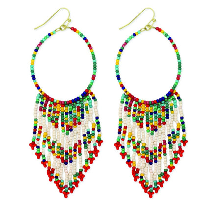 Multi Color Beaded Handmade Earrings for women featuring vibrant bohemian ethnic design with colorful crystals and tassels. These retro large hoop statement earrings combine intricate beadwork and bright hues for a bold, eye-catching accessory. Perfect for festivals, casual wear, or special occasions, these handmade earrings add a playful, artistic touch to any outfit. Ideal gift for women who love unique, colorful artisan jewelry with a boho vibe.