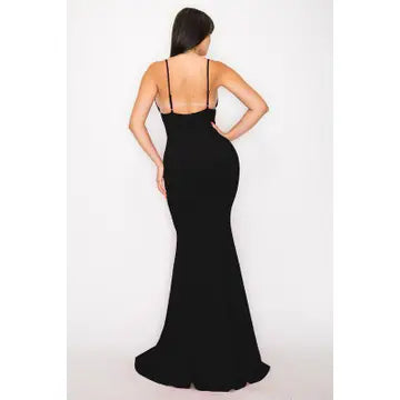 Black Corset Dress with a flattering V-neckline and dramatic mermaid skirt, crafted from sleek crepe fabric for a sculpted, bodycon fit. This elegant evening gown features a secure zipper back and structured corset bodice, perfect for formal events, parties, or special occasions. Designed for women who love timeless glamour and sophisticated style, this black dress makes a bold, graceful statement at any event.