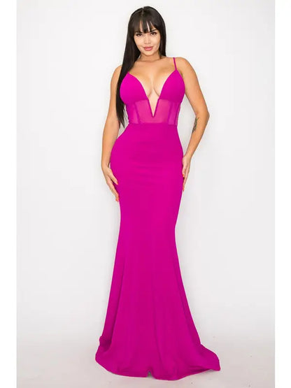 Techno crepe V-neck corset dress featuring a fitted bodycon silhouette with a dramatic mermaid skirt. This elegant formal evening gown for women includes a zipper back for a secure fit and sleek finish. Perfect for parties, special events, or upscale occasions, the dress combines modern fabric technology with classic style, offering sophistication and comfort in one stunning outfit.