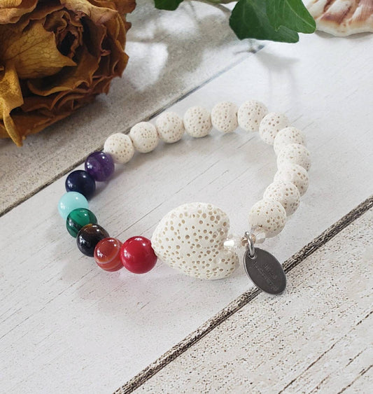 Handmade white lava stone diffuser bracelet designed for women, featuring natural volcanic stones known for their healing and chakra balancing properties. This stretch bracelet combines crystal healing benefits with stylish, lightweight comfort, perfect for everyday wear or meditation practices. Ideal as a thoughtful gift, it allows essential oils to be diffused throughout the day, blending wellness with elegant, natural jewelry design.
