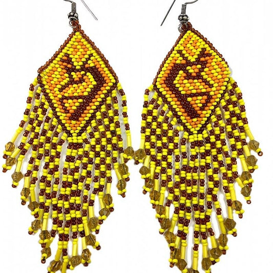 Handmade Yellow Beaded Earrings featuring large Kokopelli designs crafted in boho sterling silver jewelry style. These statement earrings for women showcase vibrant yellow beads combined with intricate Kokopelli motifs, perfect for adding bold, artistic flair to any outfit. Ideal as a unique gift for her, they blend cultural symbolism with trendy, handcrafted elegance. Lightweight and durable, these earrings are perfect for festivals, casual wear, or special occasions.